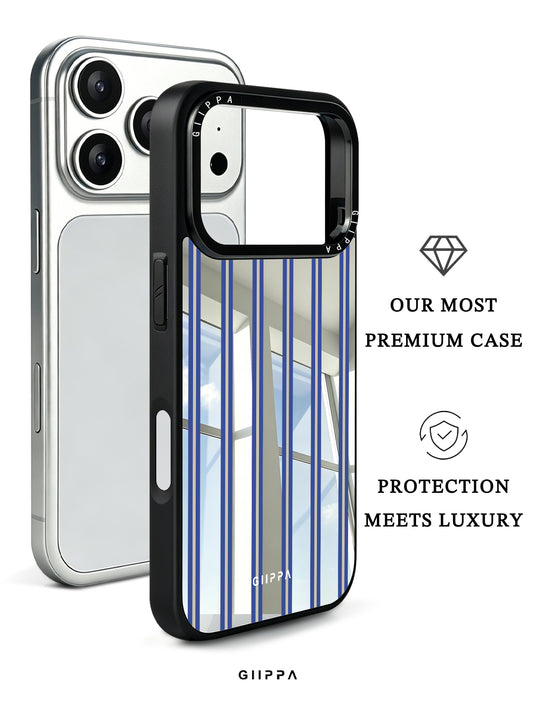GIIPPA Patterned Moments Midnight Whisper Blue Beige Double Thin Vertical Stripe Mirror TPU Shockproof Phone Case Large Lens Protective Shell For iPhone Full Series