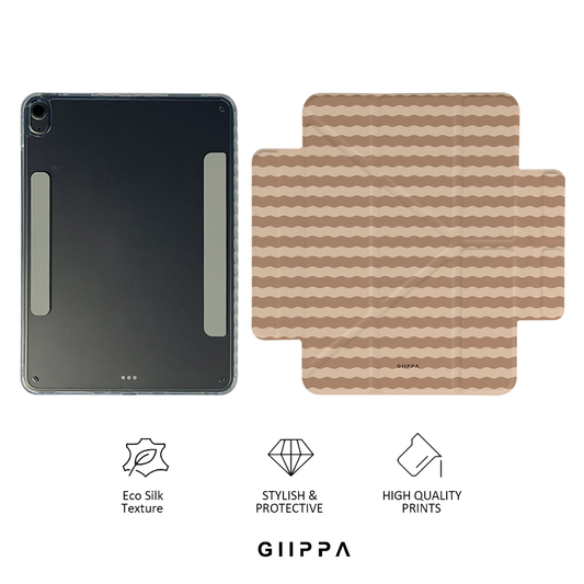 GIIPPA YARA FOLD Detachable Magnetic iPad Case Patterned Moments Misty Peace Dual Beige Brown Earth Tone Wavy Horizontal Stripe Dual Pull Buckle Split Magnetic Cozy Protective Case For All iPad Models