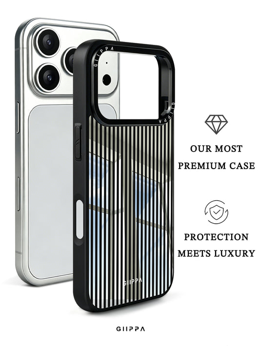 GIIPPA Patterned Moments Midnight Whisper Cool Minimalist Thin Black Vertical Stripe Mirror TPU Shockproof Phone Case Large Lens Frame Fit iPhone 11 To 17 All Series