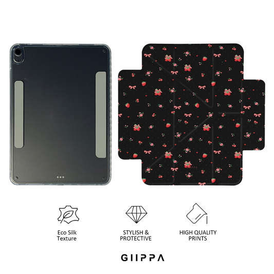 GIIPPA YARA FOLD Detachable Magnetic iPad Case Patterned Moments Petal Soft Dark Base Cute Strawberry Tiny Rose Floral Print Dual Pull Buckle Split Protective Case For All iPad Models