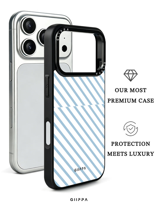 GIIPPA Patterned Moments Midnight Whisper Soft Pastel Light Blue Diagonal Thin Stripe Mirror TPU Shockproof Phone Case Large Camera Frame For iPhone 11–17 All Models