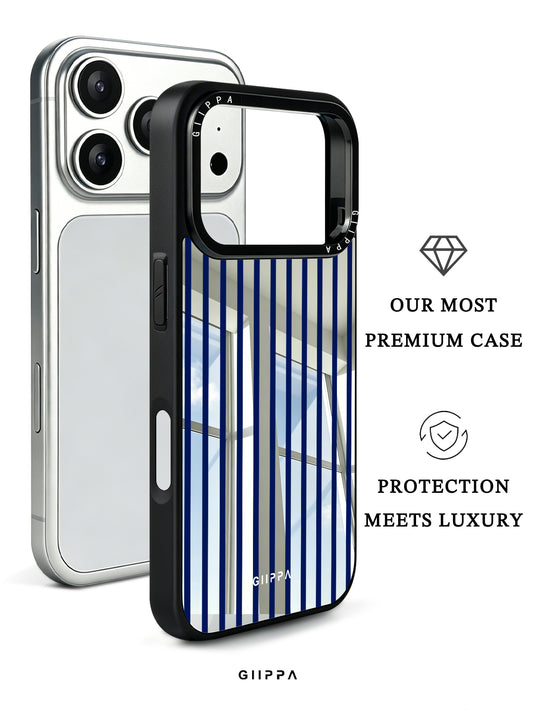 GIIPPA Patterned Moments Midnight Whisper Navy Blue Thin Vertical Stripe Mirror TPU Shockproof Phone Case Large Lens Frame Cover For iPhone Full Series