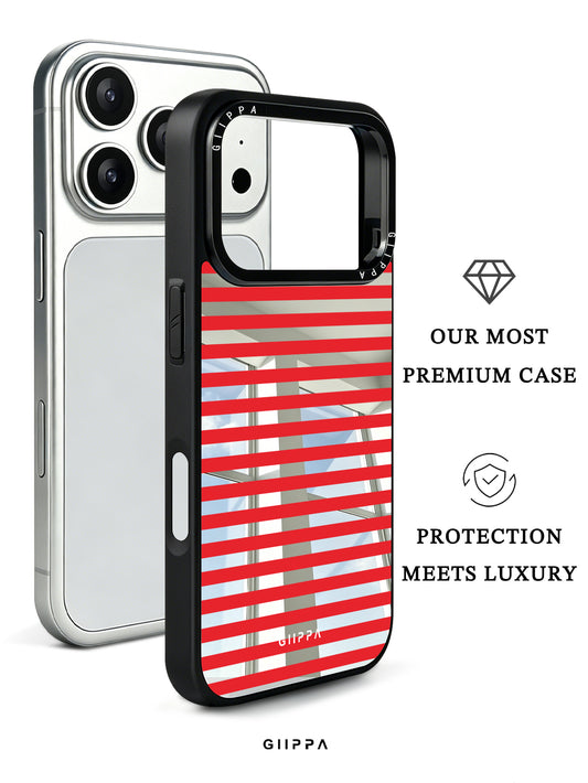 GIIPPA Patterned Moments Midnight Whisper Vintage Red Silver Wide Horizontal Stripe Mirror TPU Shockproof Phone Case Large Camera Frame For iPhone 11–17 All Models