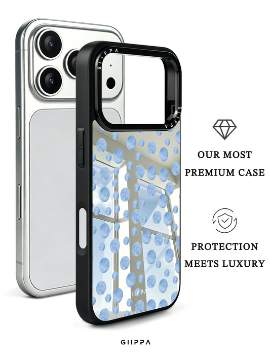 GIIPPA Patterned Moments Midnight Whisper Fresh Light Blue Watercolor Hand-Drawn Irregular Polka Dot Mirror TPU Shockproof Phone Case Large Camera Frame For iPhone 11–17 All Models