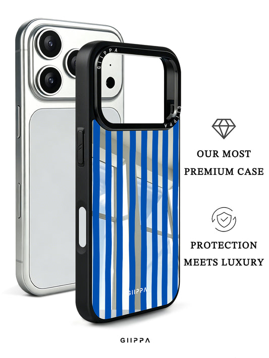 GIIPPA Patterned Moments Midnight Whisper Bright Blue Wide Vertical Stripe Mirror TPU Shockproof Phone Case Large Lens Frame Cover For iPhone Full Series
