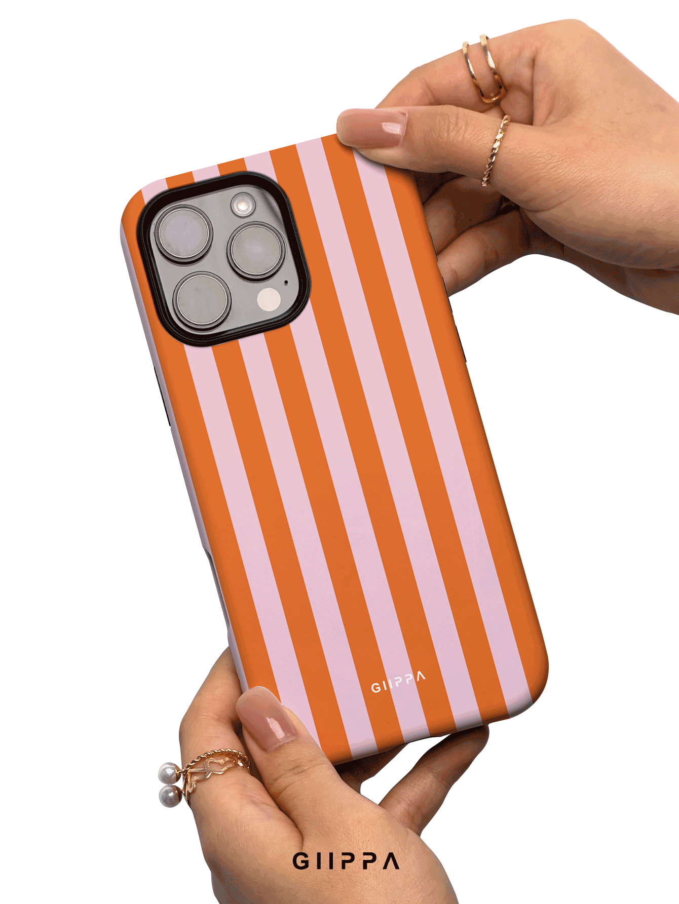 GIIPPA Orange & Blush Pink Vertical Stripe Phone Case | Playful Retro Shockproof Protective Cover for iPhone 16/15/14/13/12 Series & Samsung Galaxy S24/S23/S22 Ultra