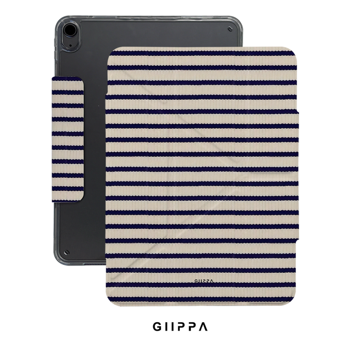 GIIPPA YARA FOLD Detachable Magnetic iPad Case Patterned Moments Café Wander Cream Base Navy Scalloped Edge Wavy Horizontal Stripe Dual Pull Buckle Split Magnetic French Café Neutral Protective Shell For All iPad Models