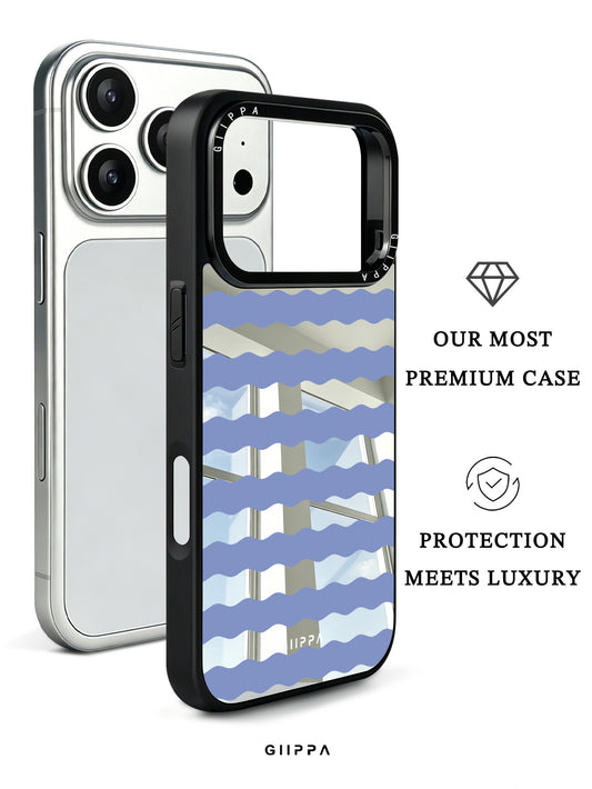 GIIPPA Patterned Moments Midnight Whisper Dusty Blue Silver Wavy Horizontal Stripe Mirror TPU Shockproof Phone Case Large Lens Frame Protective Shell For iPhone Full Series