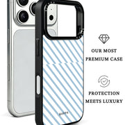 GIIPPA Patterned Moments Midnight Whisper Soft Pastel Light Blue Diagonal Thin Stripe Mirror TPU Shockproof Phone Case Large Camera Frame For iPhone 11–17 All Models