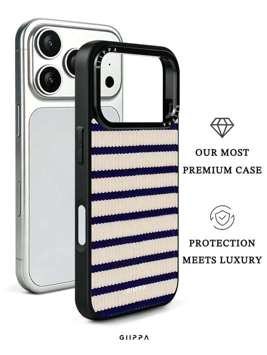 GIIPPA Patterned Moments Midnight Whisper Navy Cream Knit Horizontal Stripe Mirror TPU Shockproof Phone Case Large Lens Frame Cover For iPhone Full Series