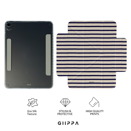 GIIPPA YARA FOLD Detachable Magnetic iPad Case Patterned Moments Café Wander Cream Base Navy Scalloped Edge Wavy Horizontal Stripe Dual Pull Buckle Split Magnetic French Café Neutral Protective Shell For All iPad Models