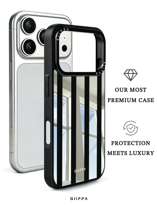 GIIPPA Patterned Moments Midnight Whisper Wide Black Vertical Stripe Mirror TPU Phone Case Anti-Drop Big Camera Frame Cover For All iPhone 11 To 17 Series