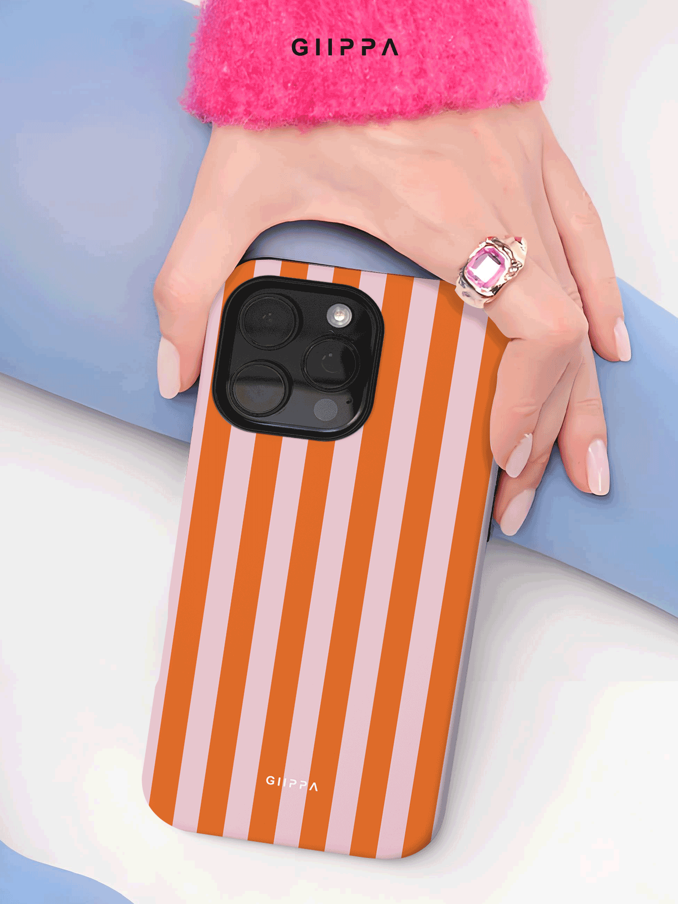 GIIPPA Orange & Blush Pink Vertical Stripe Phone Case | Playful Retro Shockproof Protective Cover for iPhone 16/15/14/13/12 Series & Samsung Galaxy S24/S23/S22 Ultra
