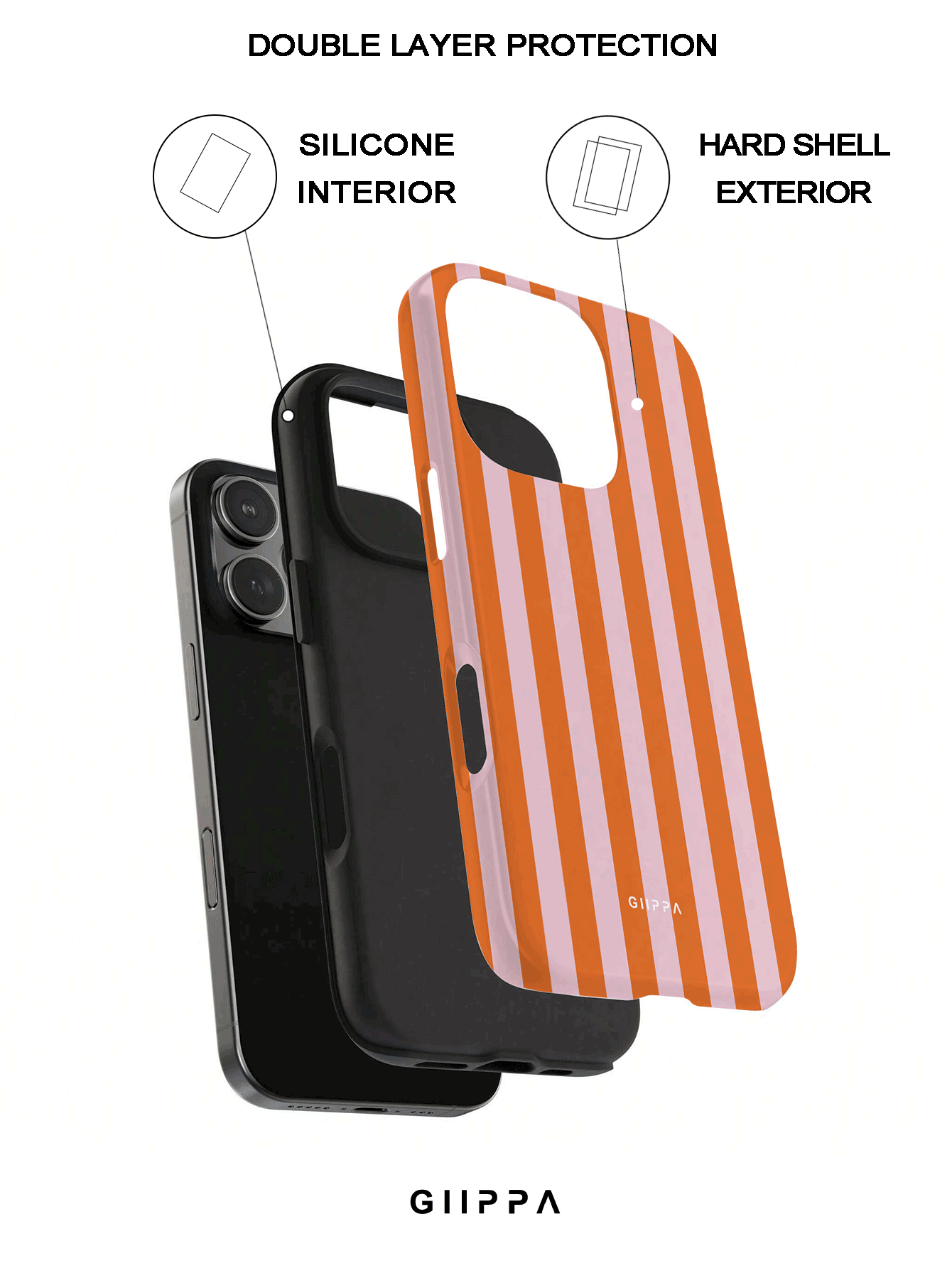 GIIPPA Orange & Blush Pink Vertical Stripe Phone Case | Playful Retro Shockproof Protective Cover for iPhone 16/15/14/13/12 Series & Samsung Galaxy S24/S23/S22 Ultra