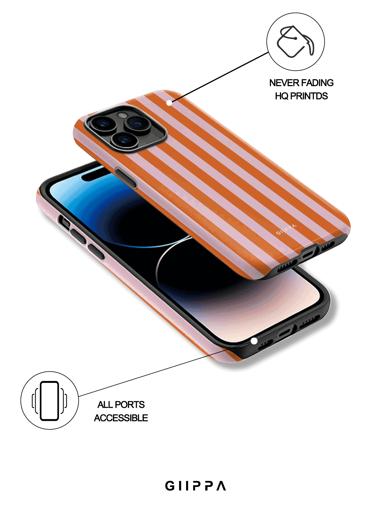 GIIPPA Orange & Blush Pink Vertical Stripe Phone Case | Playful Retro Shockproof Protective Cover for iPhone 16/15/14/13/12 Series & Samsung Galaxy S24/S23/S22 Ultra